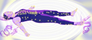 Healing course: Body electronics or point holding graphic showing purple figure lying down with dots representing energy points