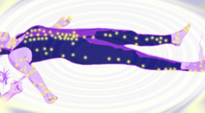 Healing course: Body electronics or point holding graphic showing purple figure lying down with dots representing energy points
